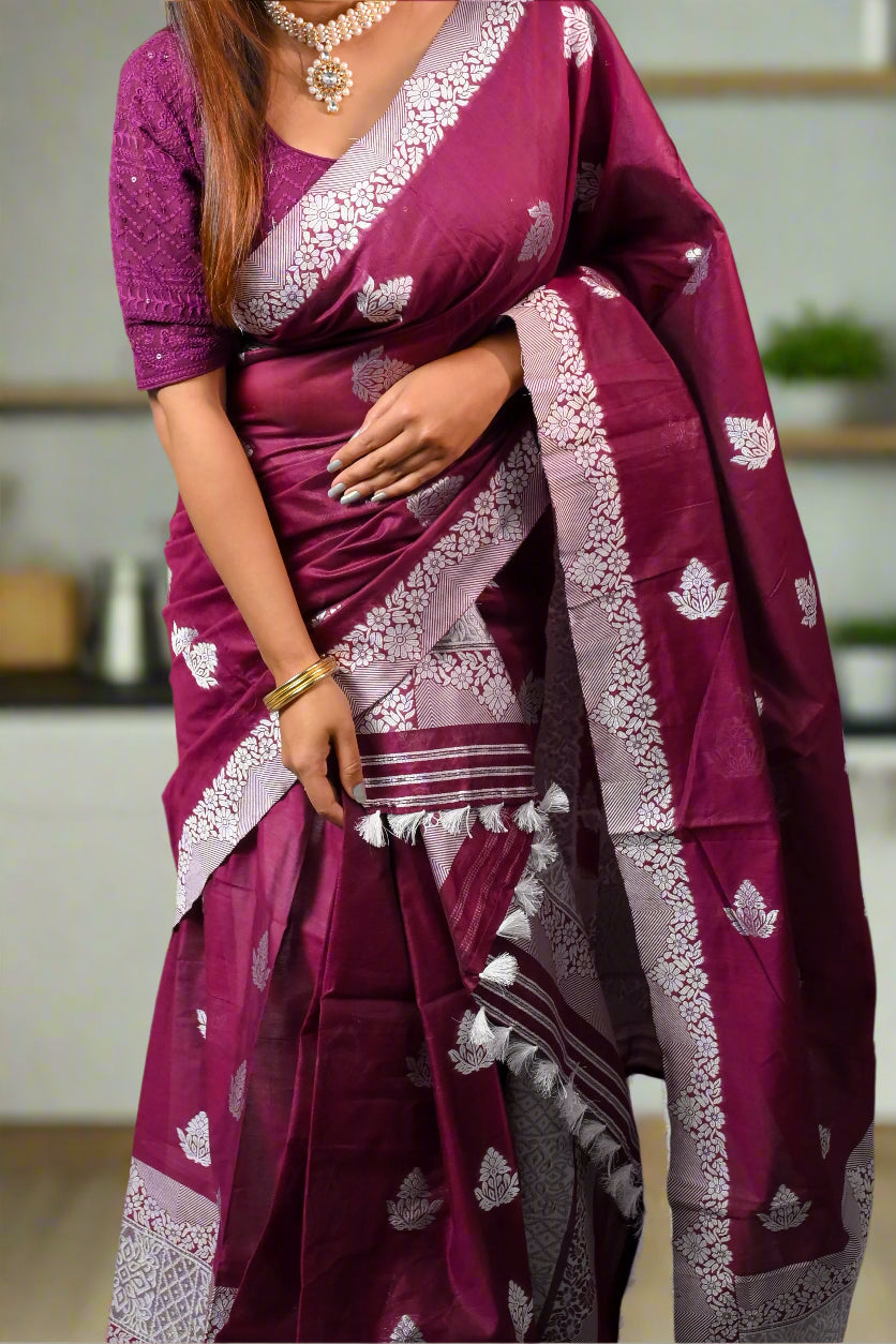 Assam Handmade Magenta & White Mix Pat Silk Mix Sarees